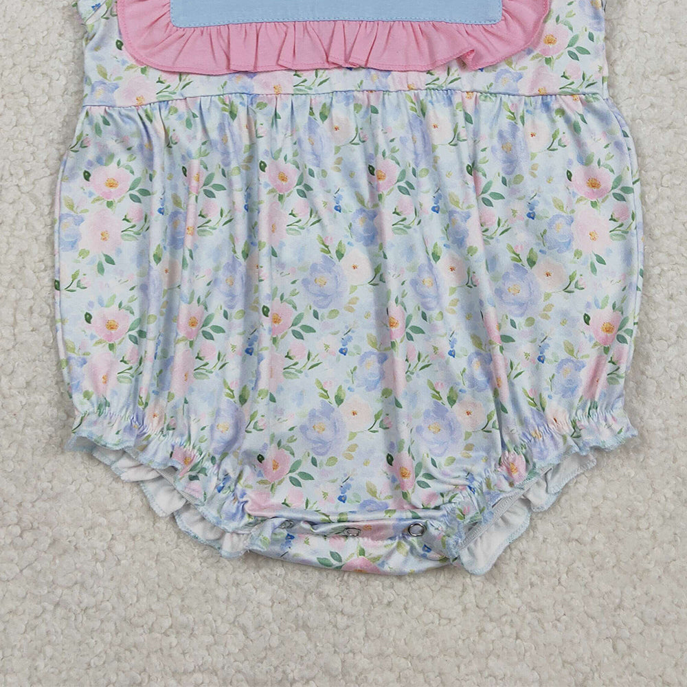 RTS SR3271 Embroidery Rabbits Baby Girls Flowers Easter Ruffle Rompers