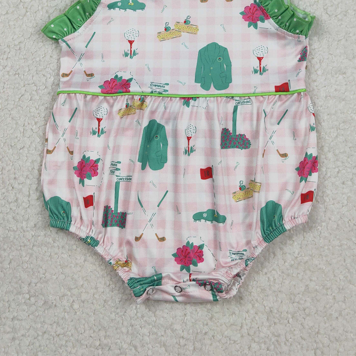 RTS SR3868 Baby Girls Strap Pink Checked Golf Flags Ruffle Rompers