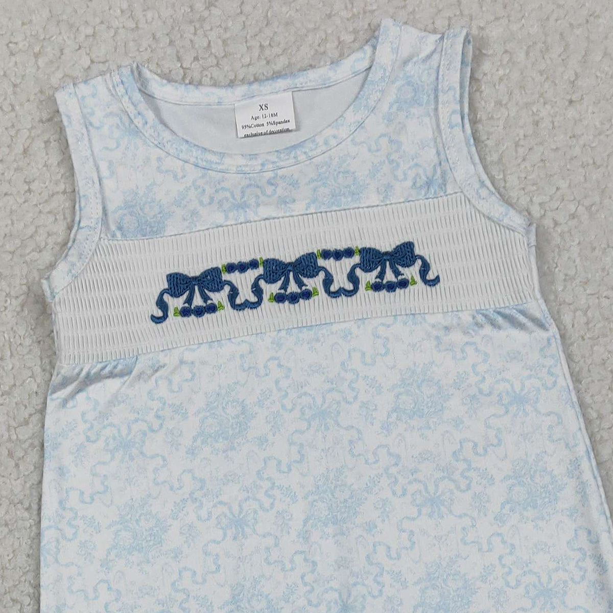 RTS SR3843 Embroidery Bows Baby Girls Sleeveless Blue Flowers Ruffle Rompers