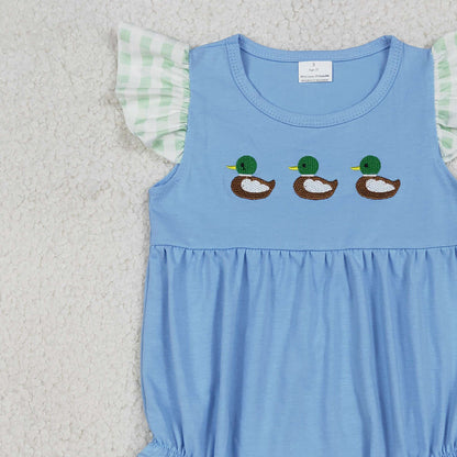 RTS SR3266 Embroidery Ducks Baby Girls Flutter Sleeve Hunting Ruffle Rompers