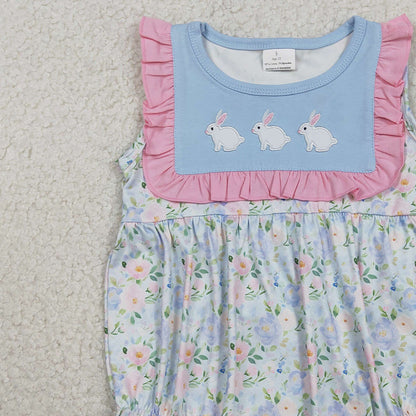 RTS SR3271 Embroidery Rabbits Baby Girls Flowers Easter Ruffle Rompers