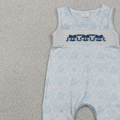 RTS SR3843 Embroidery Bows Baby Girls Sleeveless Blue Flowers Ruffle Rompers