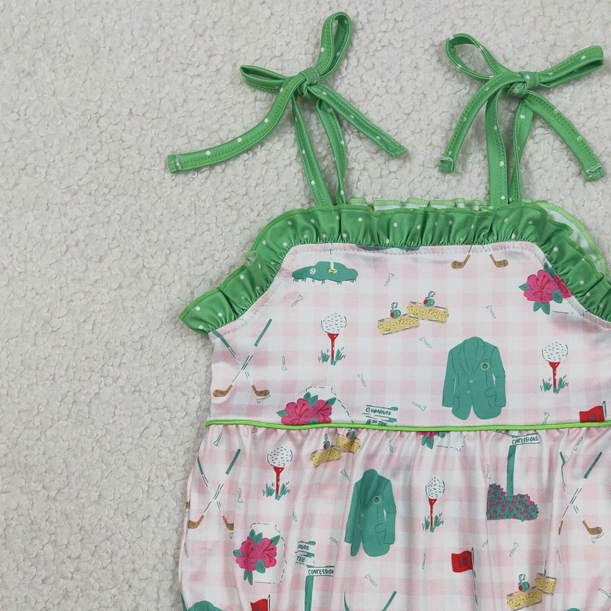 RTS SR3868 Baby Girls Strap Pink Checked Golf Flags Ruffle Rompers