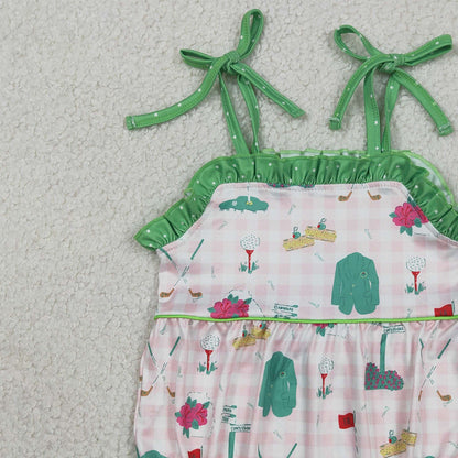 RTS SR3868 Baby Girls Strap Pink Checked Golf Flags Ruffle Rompers