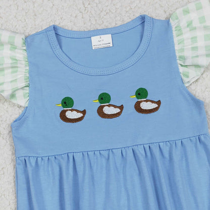 RTS SR3266 Embroidery Ducks Baby Girls Flutter Sleeve Hunting Ruffle Rompers