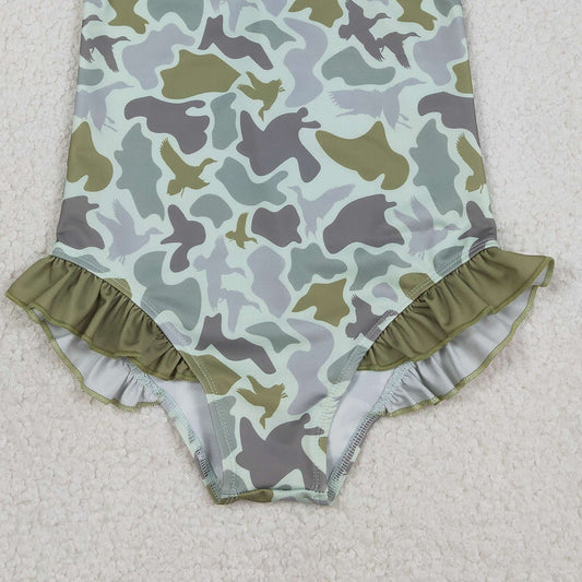 RTS S0596 Baby Girls Southern Hunting Green Ducks Camo Ruffle Swimsuits
