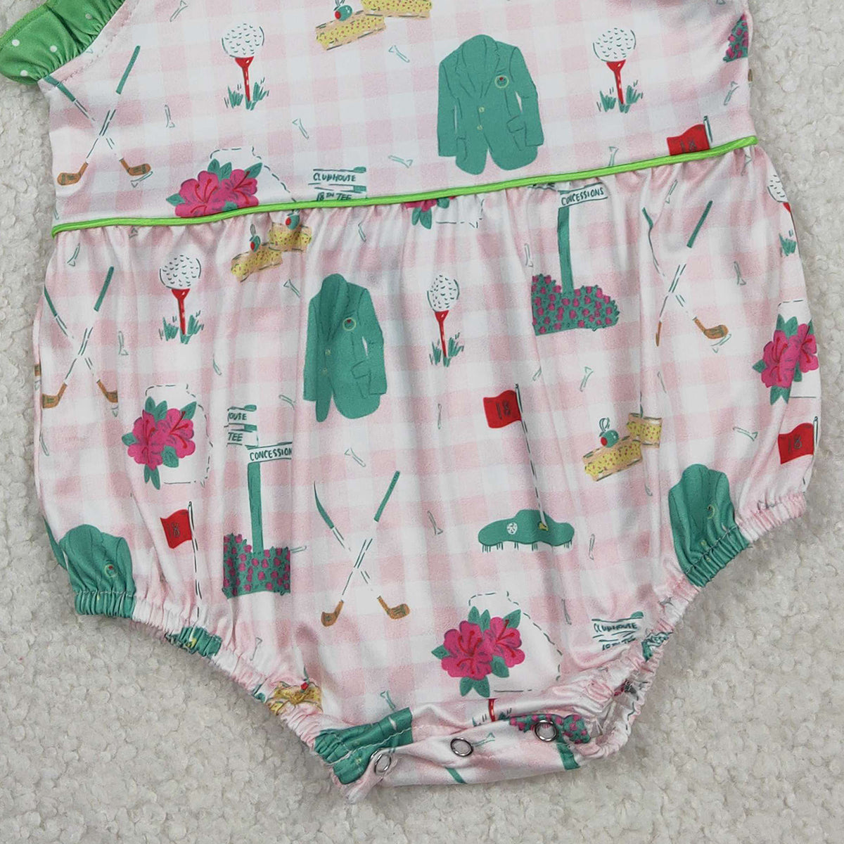 RTS SR3868 Baby Girls Strap Pink Checked Golf Flags Ruffle Rompers