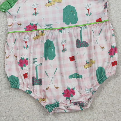 RTS SR3868 Baby Girls Strap Pink Checked Golf Flags Ruffle Rompers