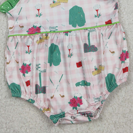 RTS SR3868 Baby Girls Strap Pink Checked Golf Flags Ruffle Rompers