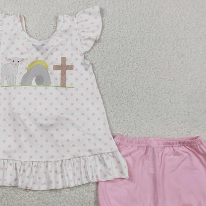 RTS GSSO3018 Baby Girls Cross Polka Dots Back Bow Tunic Ruffle Short Easter Clothes Sets