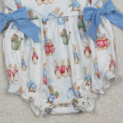 RTS SR3833 Baby Girls Flutter Sleeve Rabbits Bows Easter Ruffle Rompers