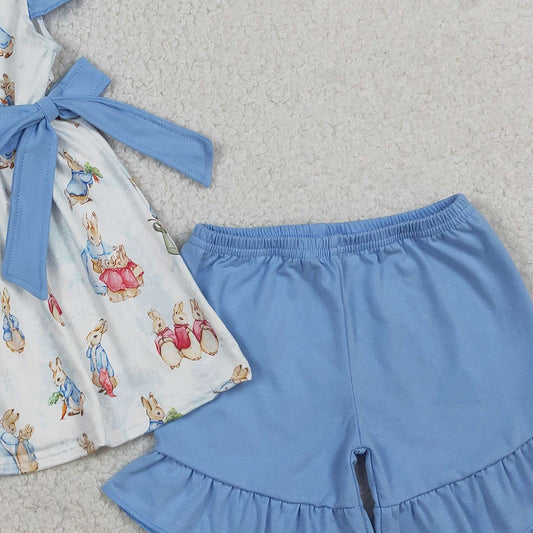 RTS GSSO3055 Baby Girls Flutter Sleeve Rabbits Bows Tunic Ruffle Shorts Easter Clothes Sets