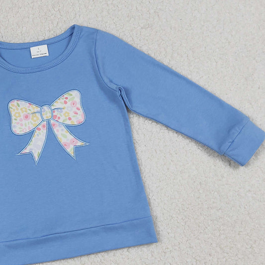 RTS  GT1538 Embroidery Floral Bows Baby Girls Blue Long Sleeve T-shirts Top