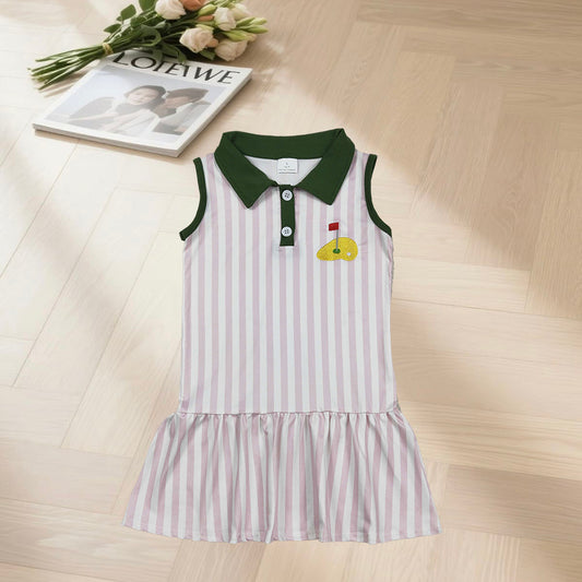 RTS GSD3142 Embroidery Golf Flags Baby Girls Pink Stripe Button Knee Length Dresses