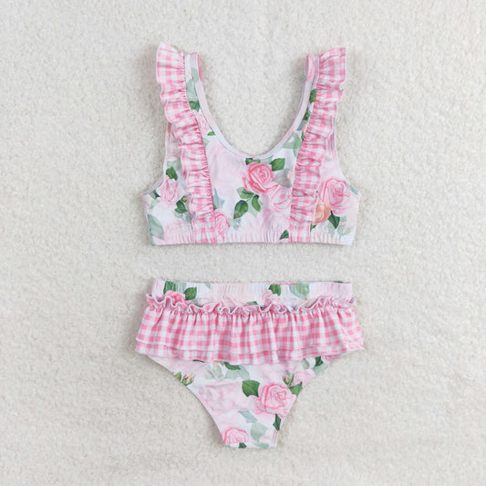 S0318 Floral pink check lace bathing suit