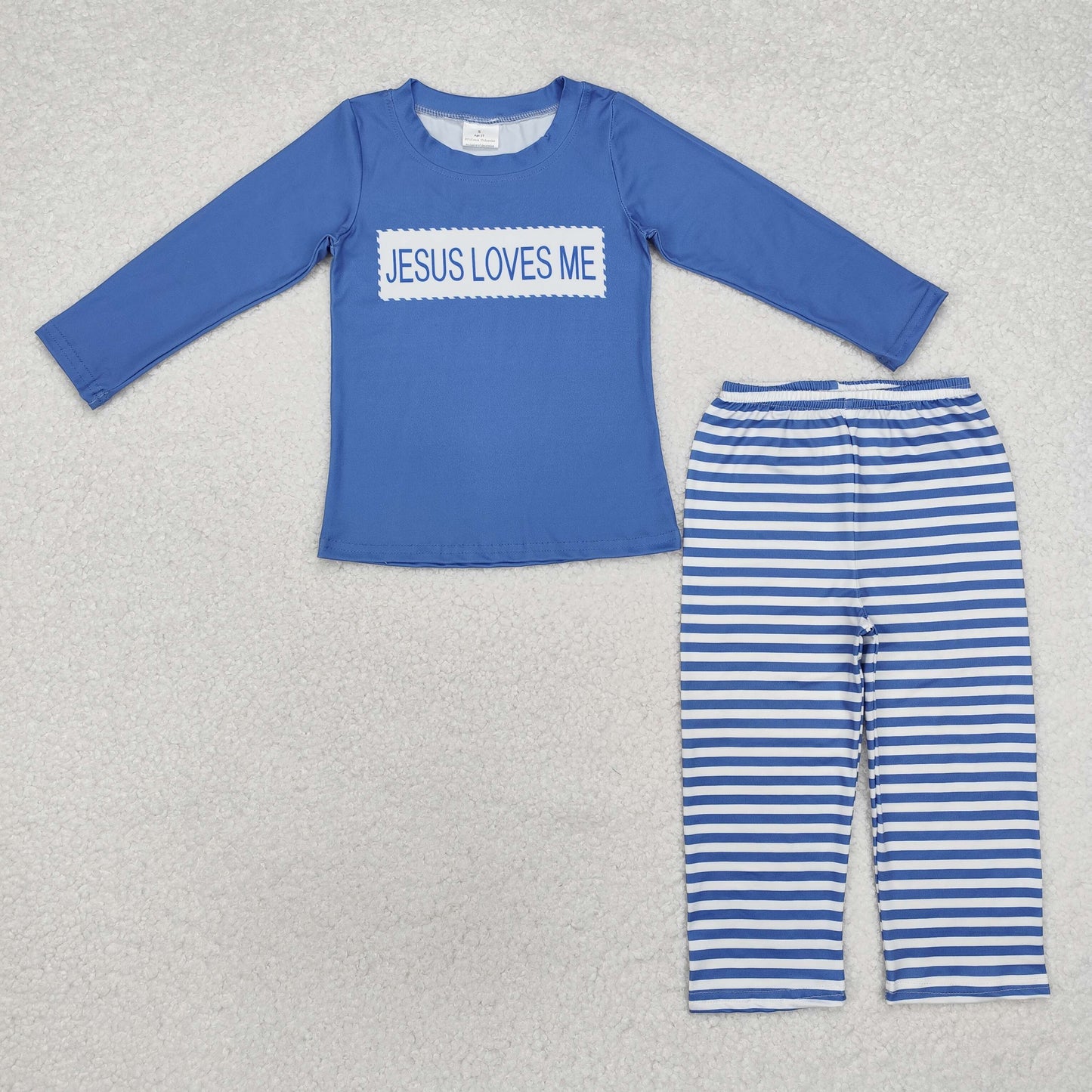 BLP0766 Baby Boys Blue Stripes Jesus Loves Me Top Pants Clothes Set