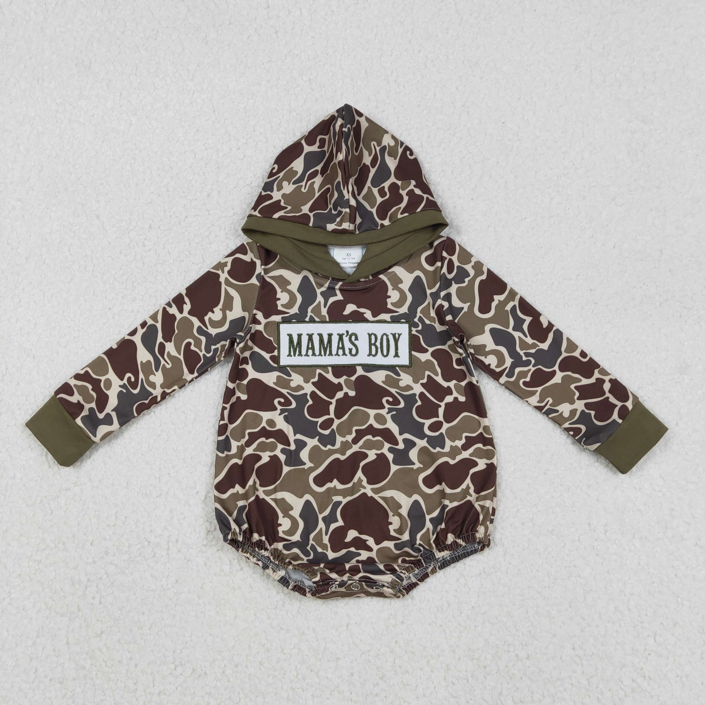 LR2791 Embroidery Mama's Boy Baby Boys Dark Khaki Camo Hoodie Romper C12.4