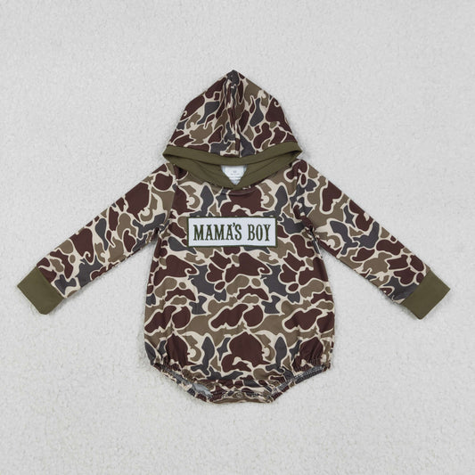 LR2791 Embroidery Mama's Boy Baby Boys Dark Khaki Camo Hoodie Romper C12.4