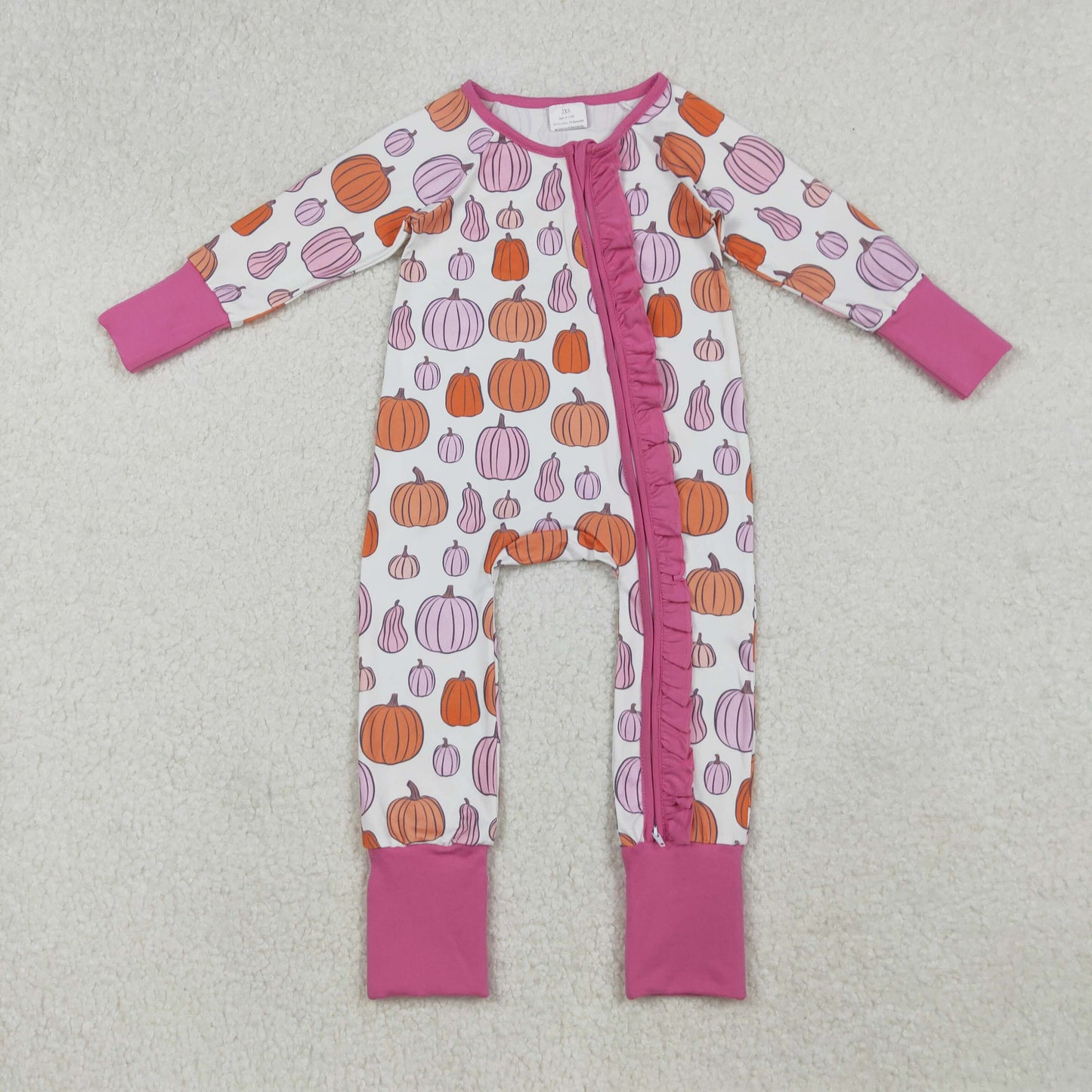 LR2566 Baby Girls Colorful Pumpkins Plaid Fall Ruffle Zipper Footie Romper C9.17