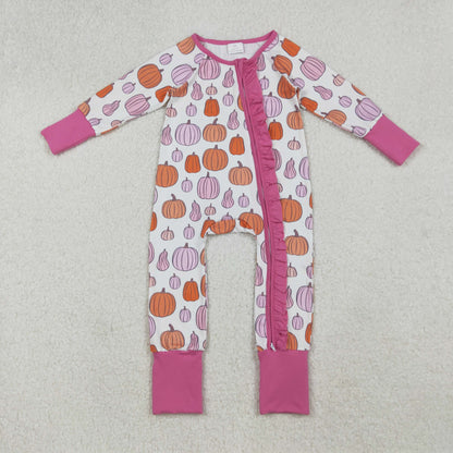 LR2566 Baby Girls Colorful Pumpkins Plaid Fall Ruffle Zipper Footie Romper C9.17