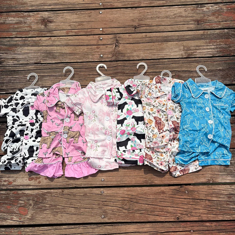 6 Colors Western Girls Boys Button Up Pajamas Sets 8.11