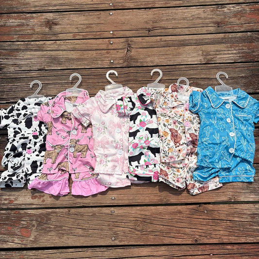 6 Colors Western Girls Boys Button Up Pajamas Sets 8.11