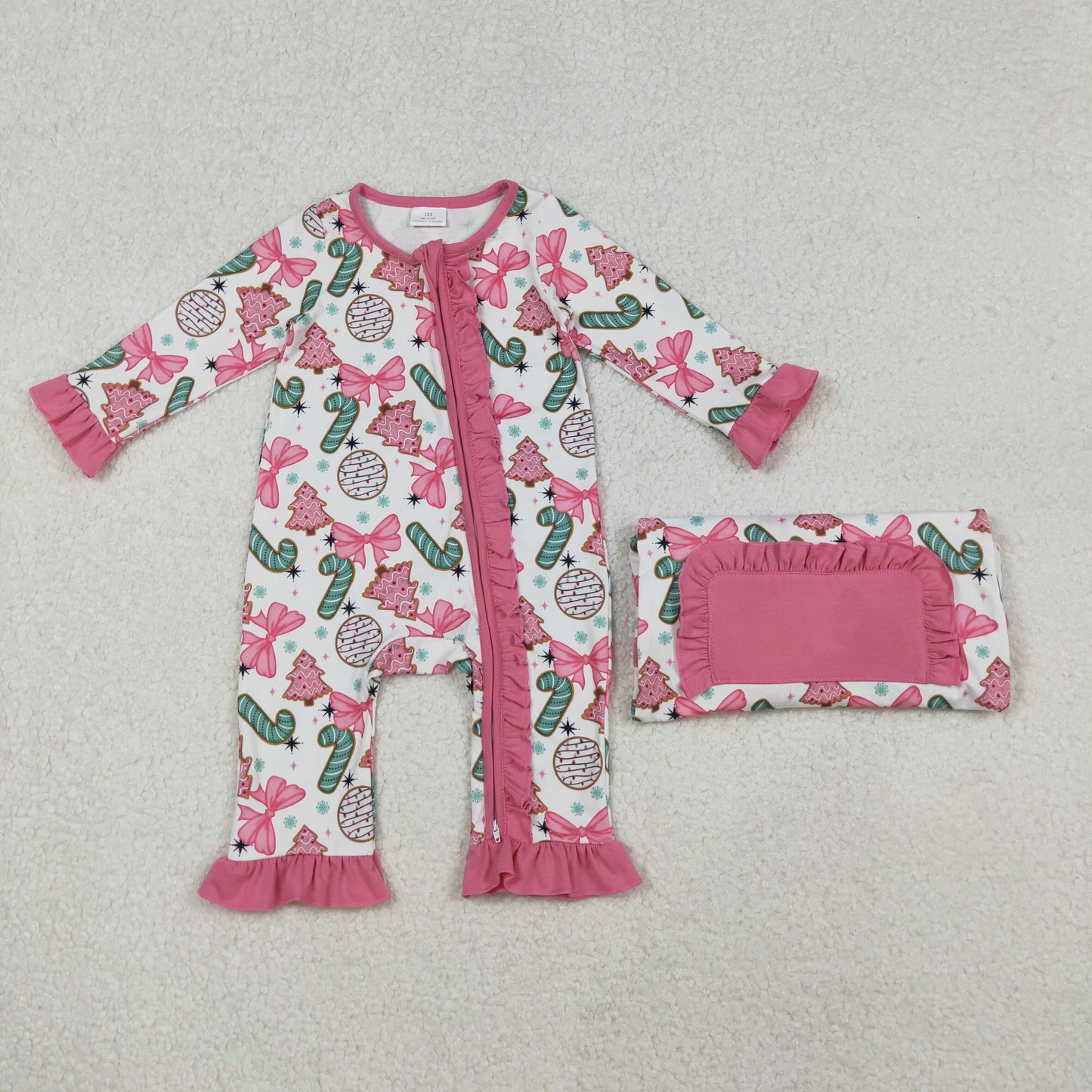 LR2486 Baby Girls Long Sleeves Christmas Trees Candy Cane Ruffle Zipper Romper C10.17
