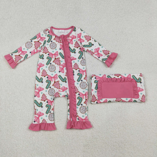 LR2486 Baby Girls Long Sleeves Christmas Trees Candy Cane Ruffle Zipper Romper C10.17