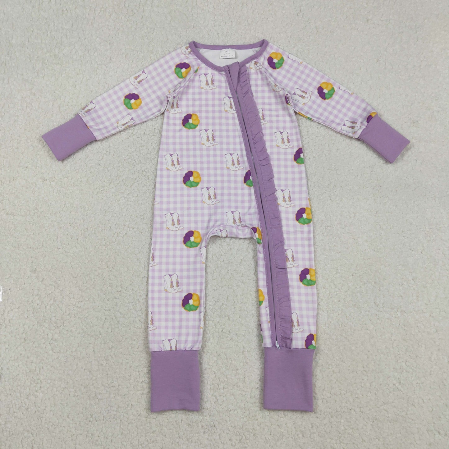 LR2783 Baby Girls Mardigras Boots Donuts Checked Two Way Ruffle Zip Convertible Romper C12.9