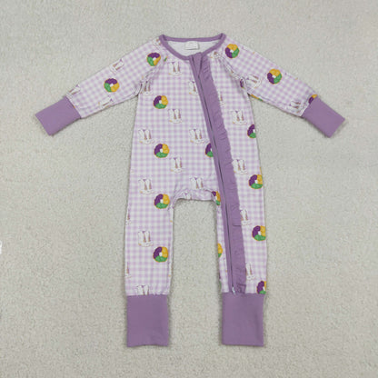 LR2783 Baby Girls Mardigras Boots Donuts Checked Two Way Ruffle Zip Convertible Romper C12.9