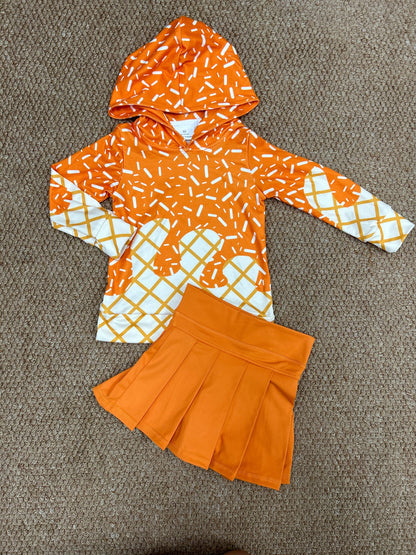 BT1274+GLK0109 Baby Girls Orange Drip Hoodie Top Yoga Skort Team Sets 8.2