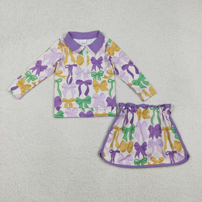 GLD1333 Baby Girls Bows Checked Zipper Pullover Ruffle Skorts Mardigras Clothes Set C11.12