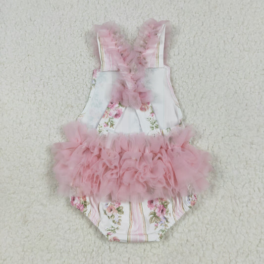 SR2964 Baby Infant Girls Pink Tulle Strap Floral Stripe Ruffle Romper 7.8