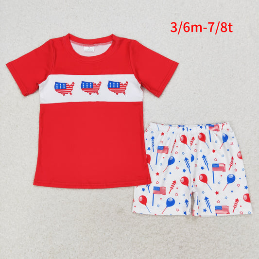 BSSO0633 4th of July American flag red short sleeve balloon star fireworks white shorts suit