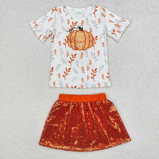 GSD1437 Baby Girls Pumpkin Shirt Sequin Skirts Clothes Set