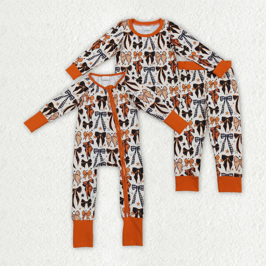 Sibling Baby Kids Orange Black Bows Stars Halloween Pajams Sets Zipper Footie Rompers C8.18
