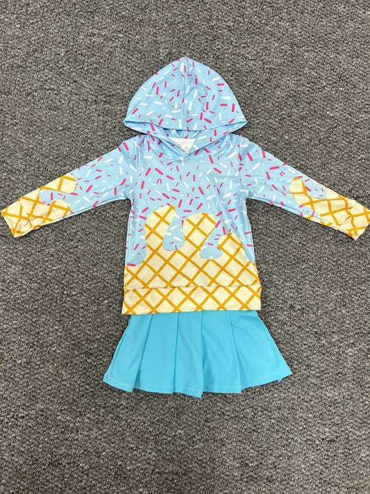 BT1270+GLK0082 Baby Girls Light Blue Drip Hoodie Top Yoga Skort Team Set 7.30