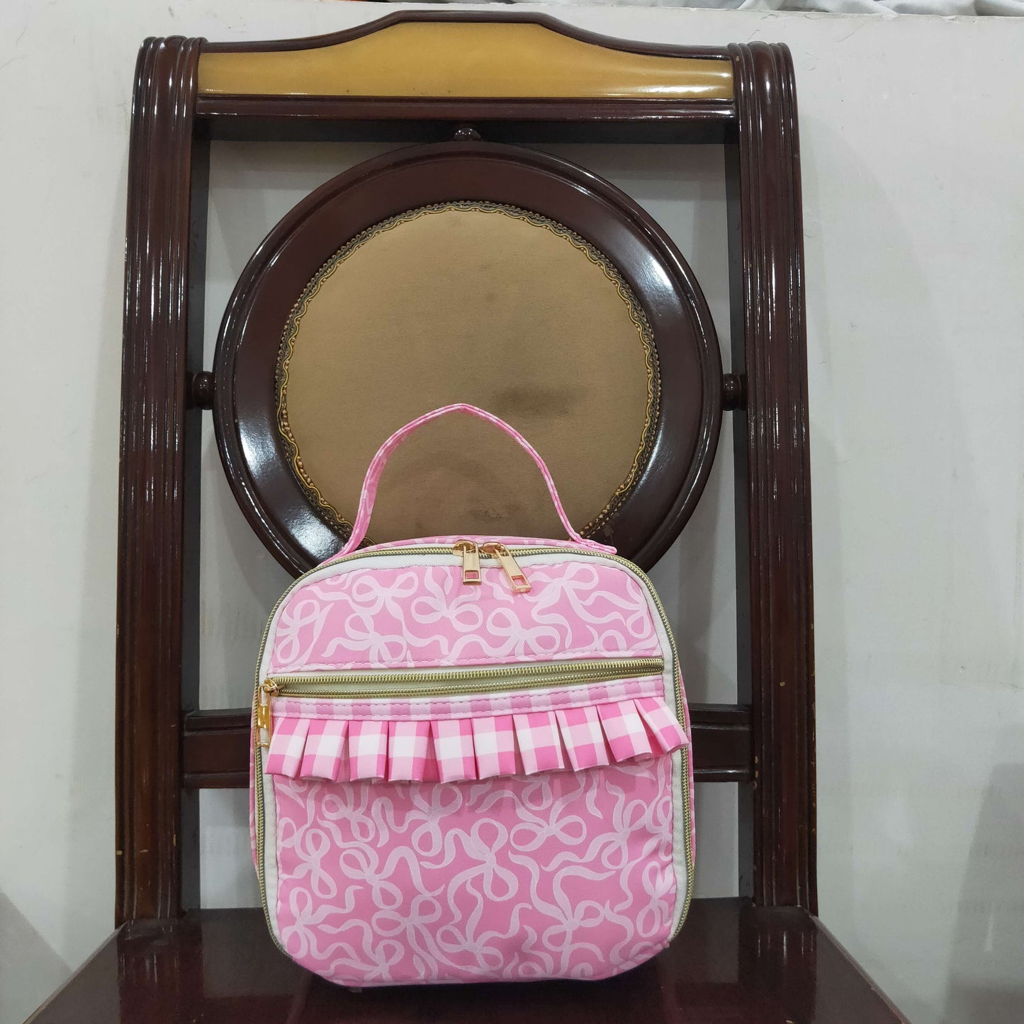 BA0310 Baby Girls Pink Bows Plaid Ruffle School Bags Lunch Boxes 8.4