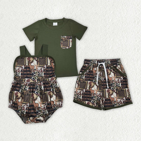 RTS Sibling Baby Boys Shirt Top Deer Hats Camo Pockets Short Hunting Clothes Set Strap Rompers