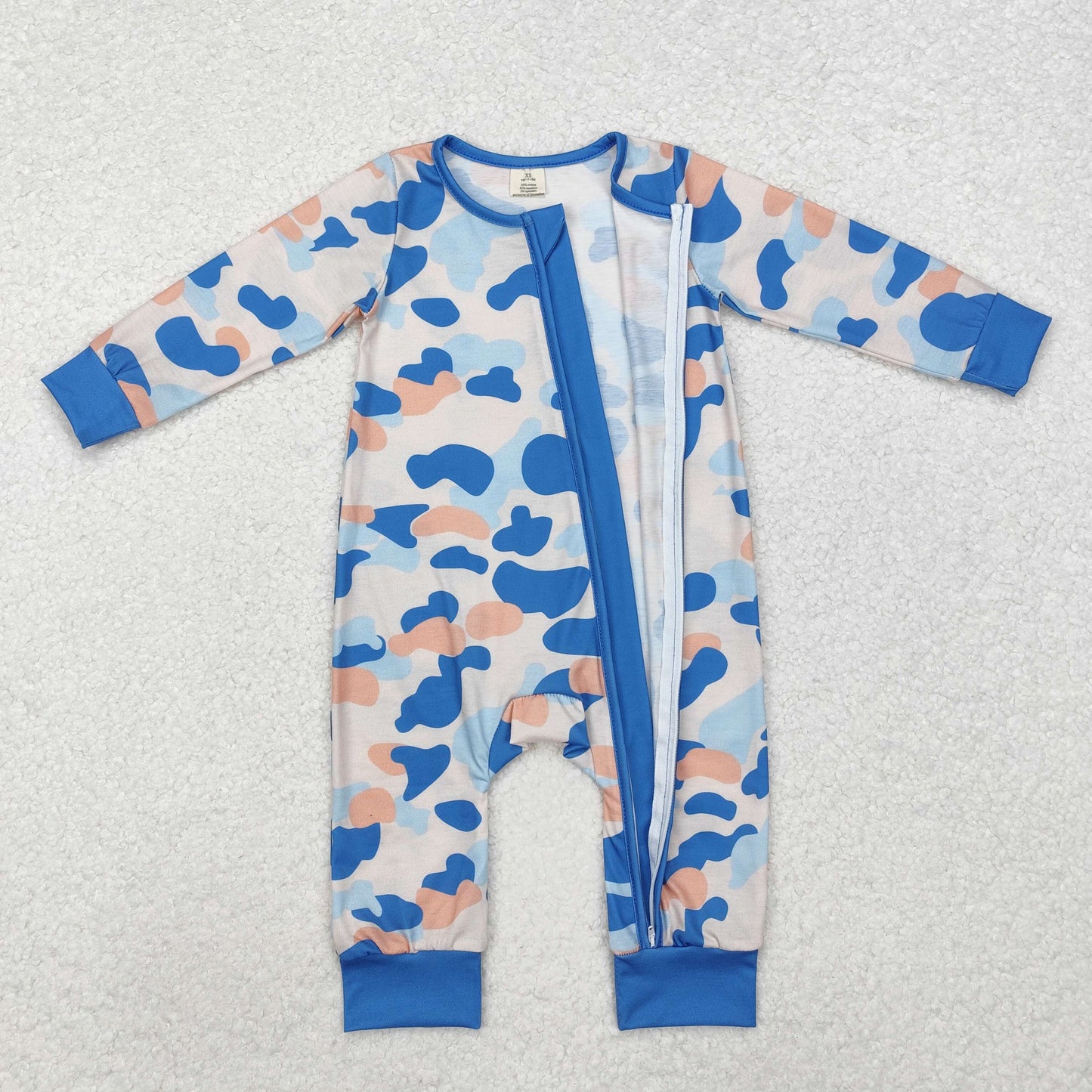 LR1574 Baby Infant Boys Blue Camo Fall Zip Bamboo Long Sleeve Romper