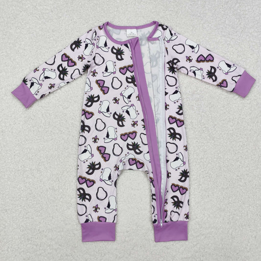 LR2038 Baby Infant Girls Pink Mardi Gras Zip Long Sleeve Romper