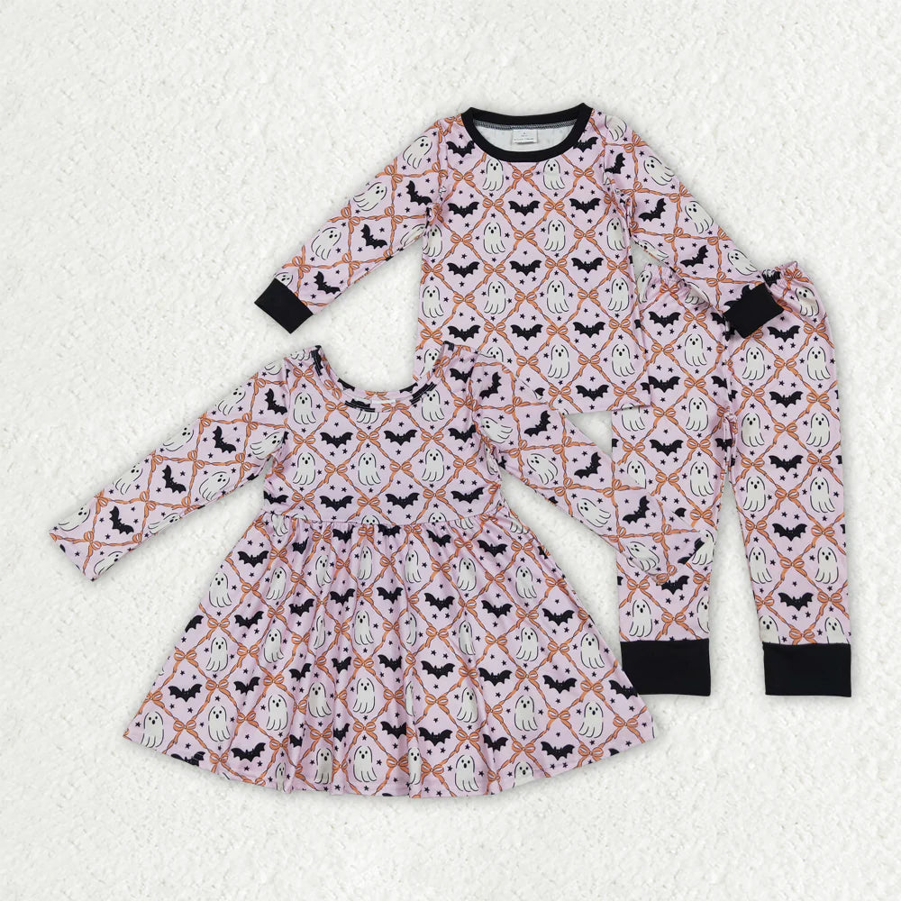 Sibling Baby Girls Ghosts Bats Checked Halloween Pajamas Sets Knee Length Dresses C9.18