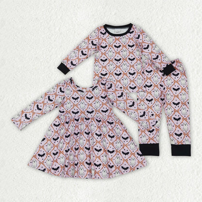 Sibling Baby Girls Ghosts Bats Checked Halloween Pajamas Sets Knee Length Dresses C9.18