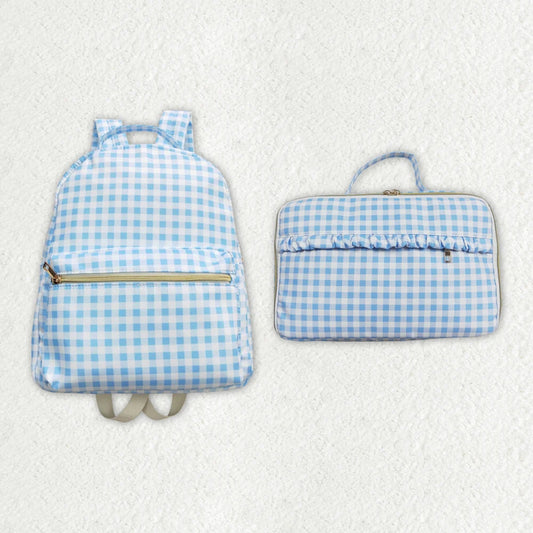 Baby Kids Back To School Sibling Blue Checkered Backpack Bags Lunch Boxes