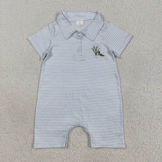 SR3149 Embroidery Baby Boys Blue Stripe Short Sleeves Duck Button Shorts Romper 7.23