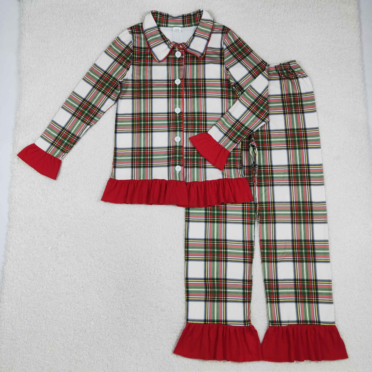 GLP2827 Adult Women Green Red Checked Button Top Ruffle Pant Christmas Pajamas Set C11.13
