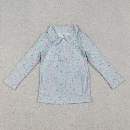 GT1182 Baby Girls Light Blue Floral Zipper Pockets Yoga Pullovers Top C10.8
