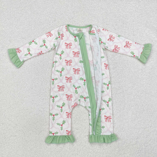 LR1344 Baby Infant Girls Christmas Bows Holly Long Sleeve Zip Bamboo Romper