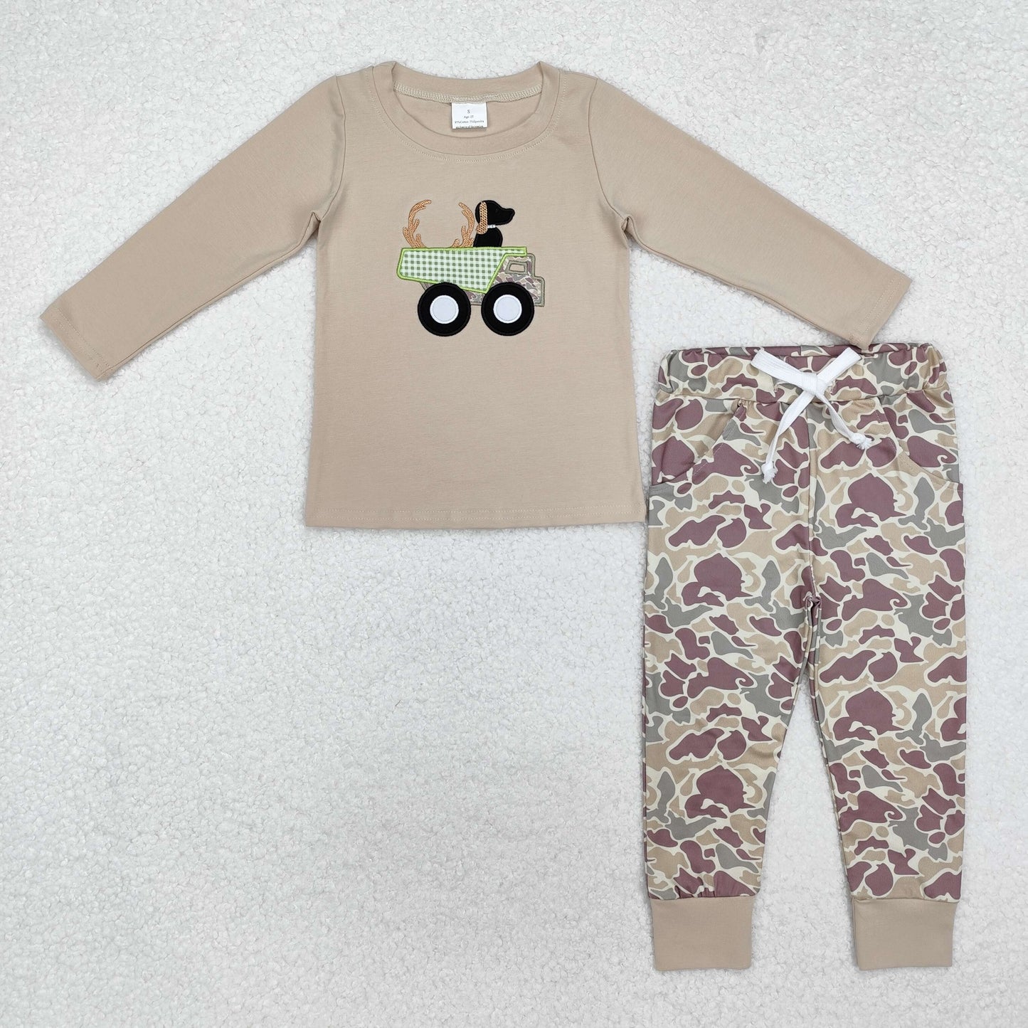 BLP0886 Baby Boys Embroidery Hunting Dog Top Camo Pants Outfits Clothes Set