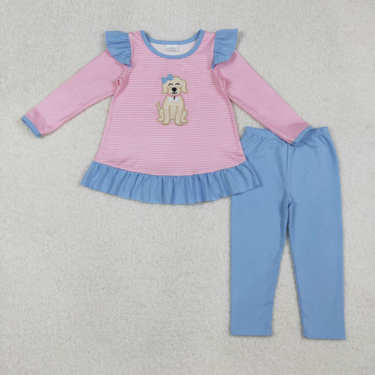 GLP2725 Embroidery Baby Girls Pink Stripe Dogs Tunic Legging Pant Clothes Set C10.6